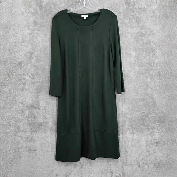 J Jill Ponte Knit Shift Dress S Dark Forest Green 3/4 Sleeve Pockets Stretchy - Picture 1 of 11